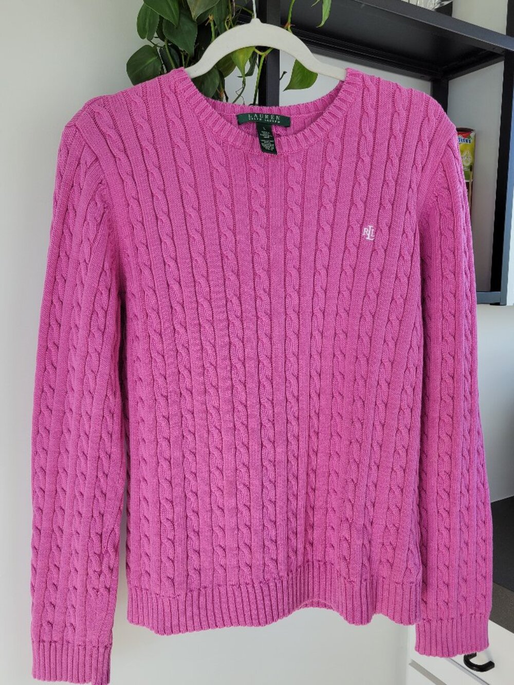 LAUREN-RALPH LAUREN PINK CABLE KNIT CREW NECK SWEATER 100% cotton